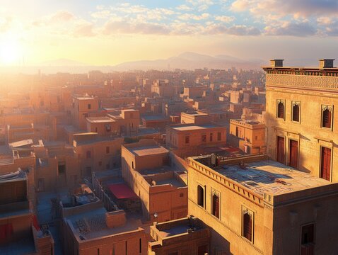 Breathtaking aerial view of vibrant Harappa city showcasing intricate architecture and a golden sunset over ancient history. Generative AI