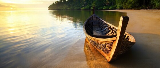 Obraz premium wooden boat on sandy beach at sunset