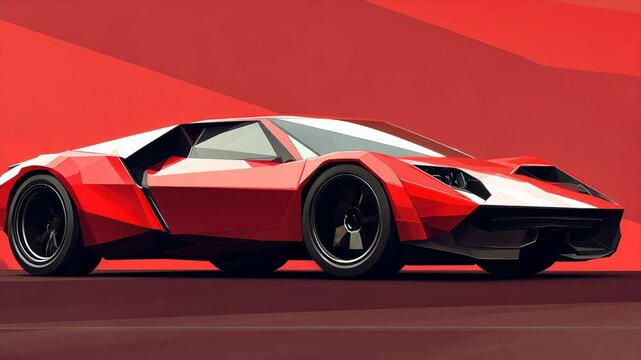 A 3d low poly sport car model driving on a red contrast background.