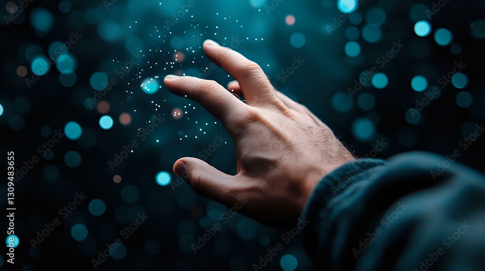 Poster magical glowing particles floating between fingers against dark background with bokeh lights create 