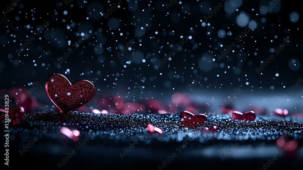 Aufkleber red heart shapes scattered on dark glittery surface with bokeh lights and sparkles creating romantic