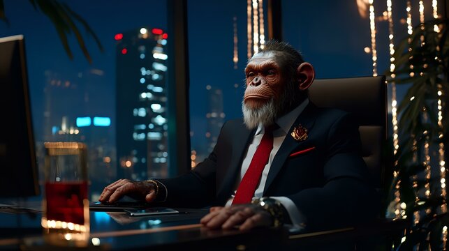 Chimpanzee in business suit working late at office desk with city nightscape view, representing corporate success and leadership in modern workplace setting.