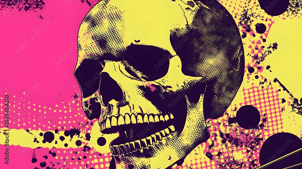 Poster Neon Skull Grunge Art with Psychedelic Abstract Patterns