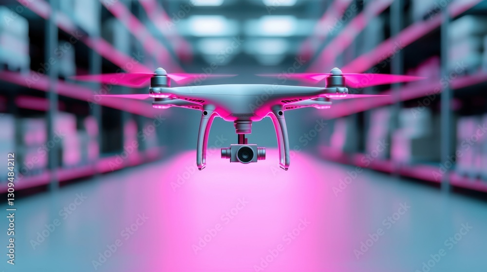 Poster drone flying inside an advanced warehouse, scanning barcodes of electronic goods for efficient sorti