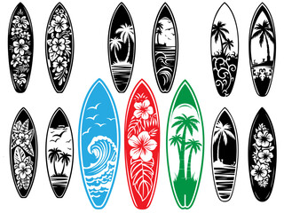 Surf Board Beach Ocean Hibiscus Flower Hawaii Palm Tree Floral Pattern Travel Outdoor DIY Gift Doodle Clipart Shape