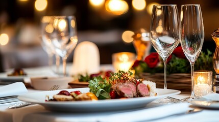 Elegant Romantic Dinner Table Setting with Delicious Grilled Lamb Chops Gourmet Food Fine Dining Restaurant Romantic Atmosphere Luxurious Meal wine   