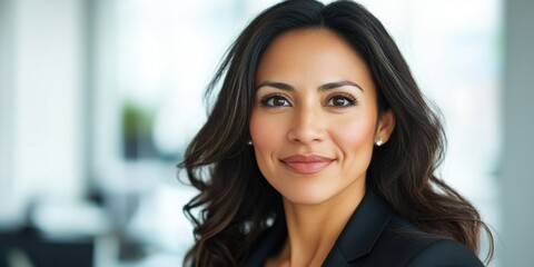 Fototapeta premium A smiling professional female in office attire against a corporate backdrop.