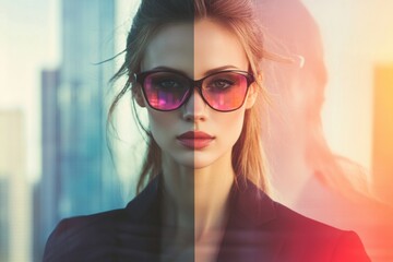 Naklejka premium Stylish Woman in Sunglasses Against Urban Cityscape Background