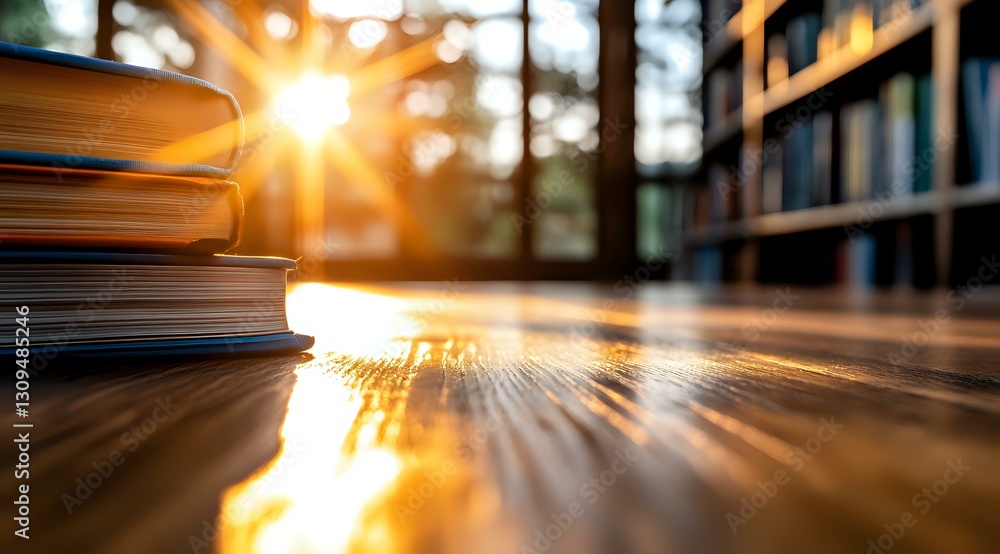 Poster sunlight streaming through window creates dramatic rays across wooden library table with stack of bo