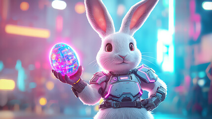 cyberpunk rabbit in neon armor holds glowing egg in futuristic city