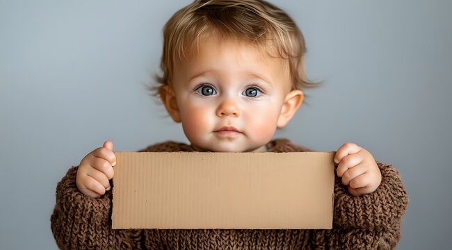Adorable toddler in brown knit sweater holding blank cardboard sign against gray background, looking directly at camera with bright blue eyes and rosy cheeks. - Powered by Adobe