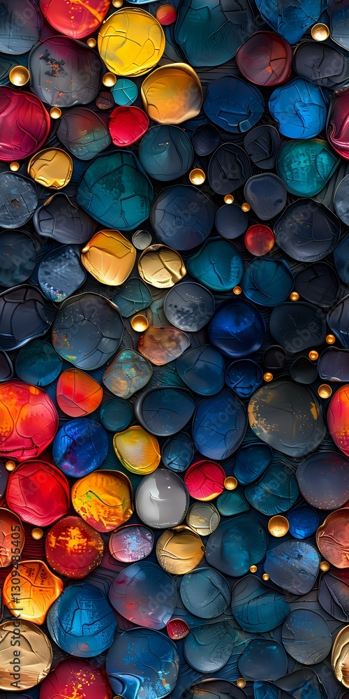 Poster colorful abstract spheres with glowing elements create dynamic pattern in red, blue and gold tones, 