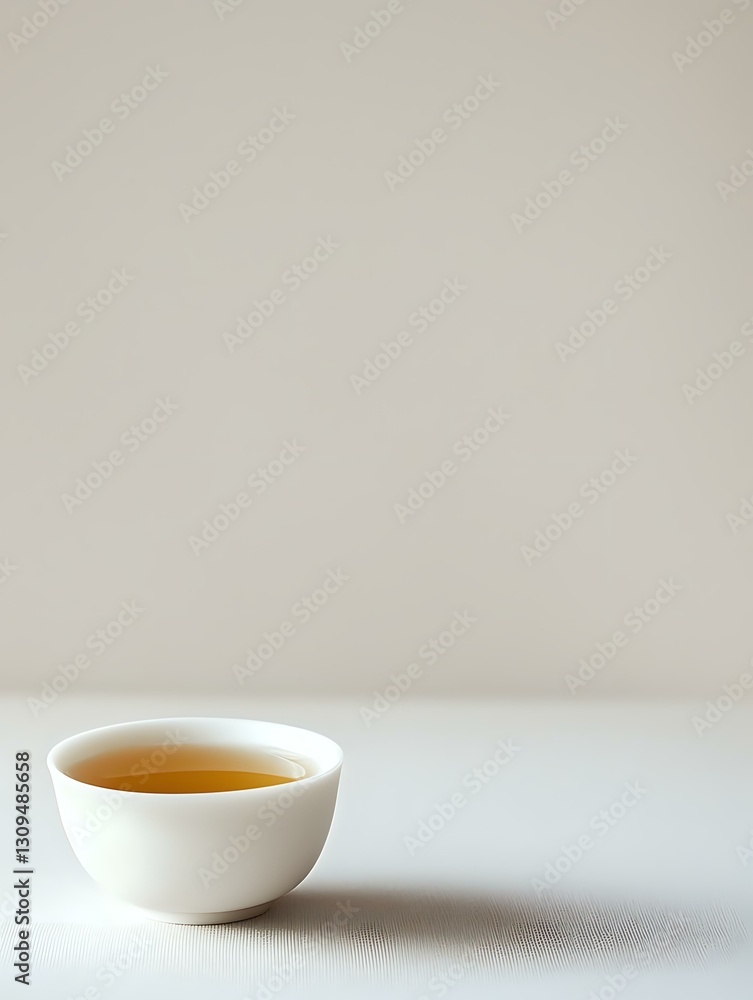Poster white ceramic bowl filled with golden tea on minimal light background, creating serene composition w