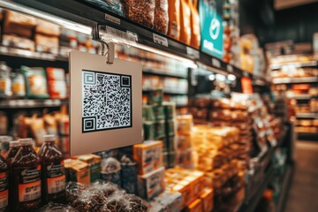 QR Code Signage Displayed in Grocery Store Aisle with Products Nearby