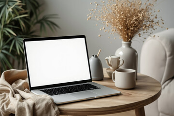 Fototapeta premium laptop with blank screen on wooden table in a cozy workspace