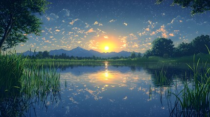 Beautiful landscape of a serene lake at sunset with reflections
