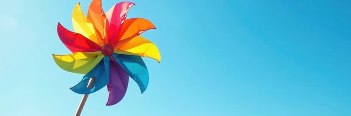 Vibrant pinwheel spins, bright colors against blue sky, design, fun, cloudless