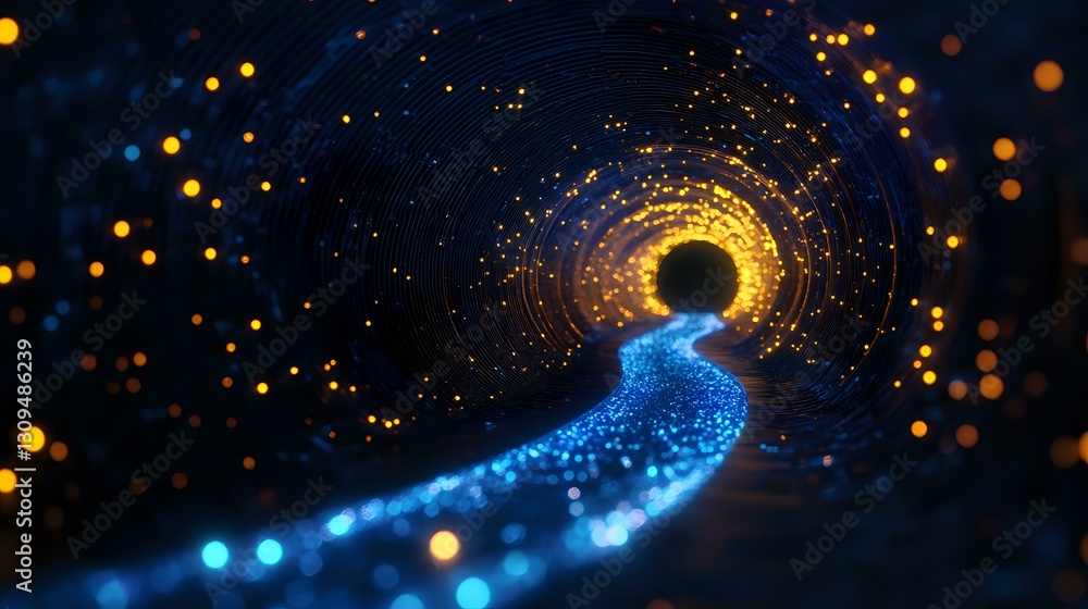 Aufkleber glowing blue particle path leading to bright golden portal in dark space, magical tunnel with sparkl