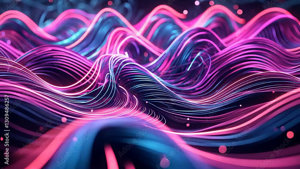 Poster futuristic abstract digital waves with glowing pink and blue flowing lines in a high-tech cyber netw