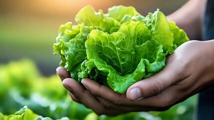 Fresh green lettuce head held gently in farmer's hands against blurred garden background, showcasing organic produce and sustainable agriculture.