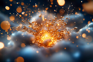 A celestial explosion of quantum light with dust-like particles scattering in perfect balance, illuminated by soft Scandinavian twilight hues of misty grays and pale ochres