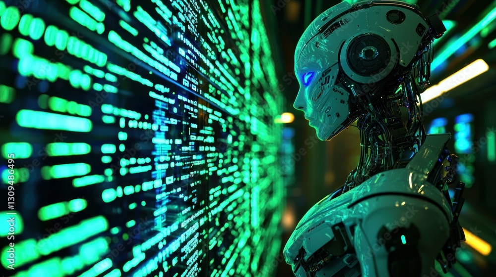 Poster futuristic humanoid robot with advanced features, set against a digital data background, representin