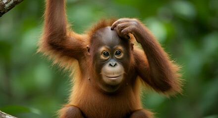 Fototapeta premium Cute Baby Orangutan Scratching Head While Hanging From Tree Branch
