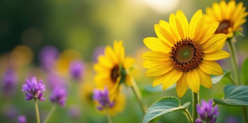 Vibrant sunflowers & purple wildflowers bloom in a sunny garden , wildflowers, blossom, nature