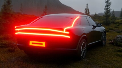 Obraz premium Black electric car with illuminated rear lights parked in a mountainous landscape. The car is viewed from the rear, showcasing its sleek design and vibrant taillights against a moody, misty backdrop.
