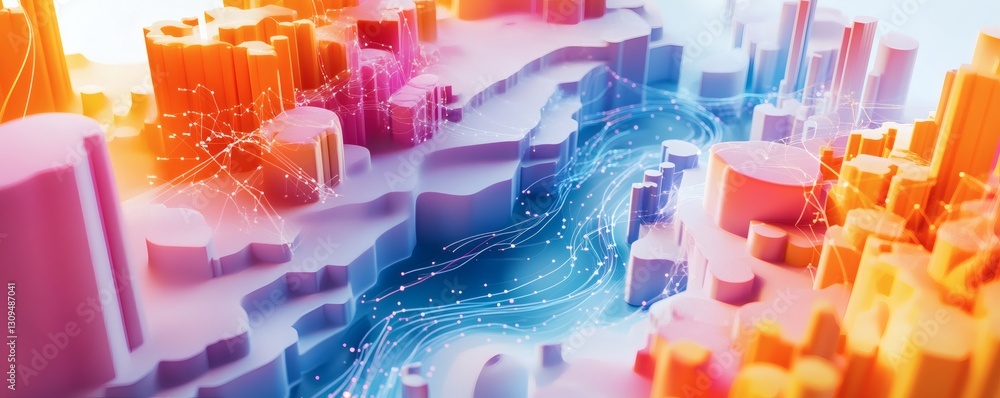 Poster abstract digital landscape with flowing pathways and connected networks