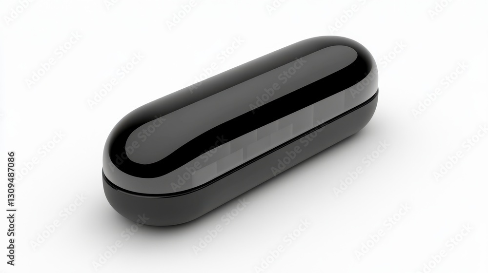 Poster black capsule shaped object isolated on white background. smooth, glossy surface. studio lighting. 3