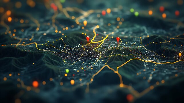 Digital Map with Location Pin and City Lights, A digital map with a red location pin in focus, surrounded by blurred city lights