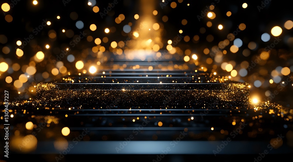 Poster dark reflective surface with golden bokeh lights and glitter particles creating magical atmosphere. 