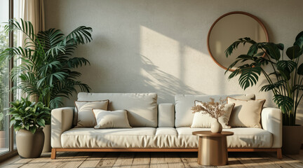 beige sofa with lush green plants in a sunlit living room