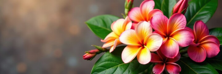 Obraz premium Frangipani flowers in a bouquet with other tropical flowers, mix, arrangement