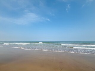 Blue sea horizon, beautiful natural color of the water, sandy beach, no people 