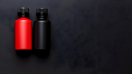 Red And Black Bottles With Black Caps Against Dark Textured Background With Shadows