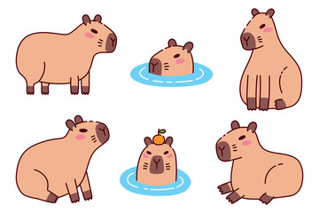 Set Of Cute Capybara in Various Poses Illustrations in Flat Style with Outline. Funny Animal Characters Relaxing and Swimming in Water