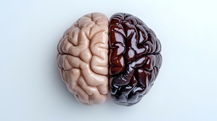 Anatomical brain model split in two contrasting halves showing normal and damaged tissue, illustrating medical condition or cognitive health concept on white background.
