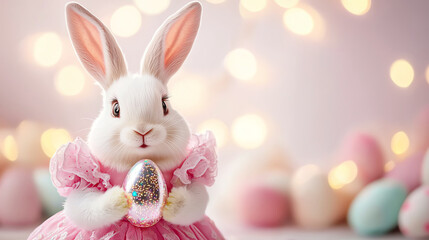 Kawaii style rabbit dressed as princess holding colorful egg
