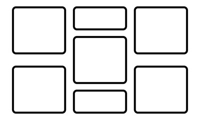 Black grid layout lines collage with several square and rectangular panels for storyboard template, frame work design, layout, or artists to plan and visualize their work.
