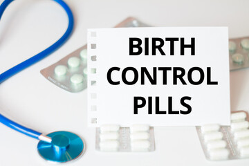 birth control pills text title medical content background