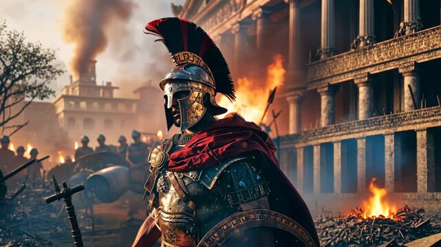 A brave roman centurion with soldiers in a middle of a battle 4K