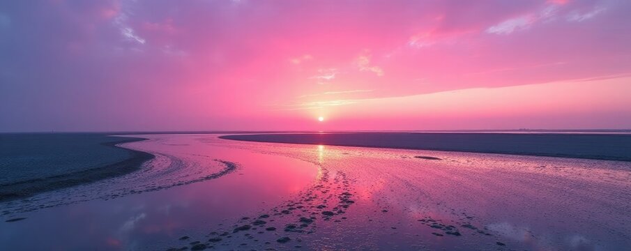 Soft pink hues dawn on the Wadden Sea's mudflats, pink, landscape, mudflat