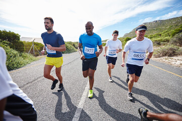 People, running competition and sports marathon for fitness, cardio challenge and street for endurance. Athletes, contest and community for workout in nature, international tournament and racing