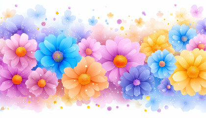 Colorful floral border with pastel flowers and sparkles.