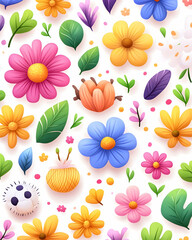 Colorful floral pattern, spring design, white background, textile print