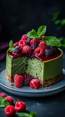Yummy cake of mouthwatering matcha cheesecake with raspberries in syrup, close up