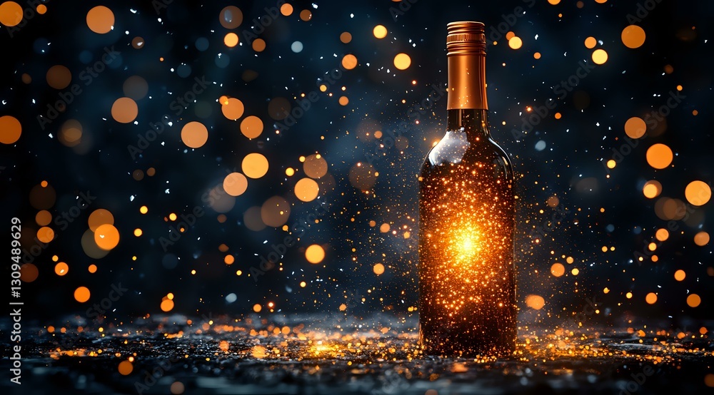 Aufkleber glowing wine bottle against dark background with golden bokeh lights and sparkles creating magical f