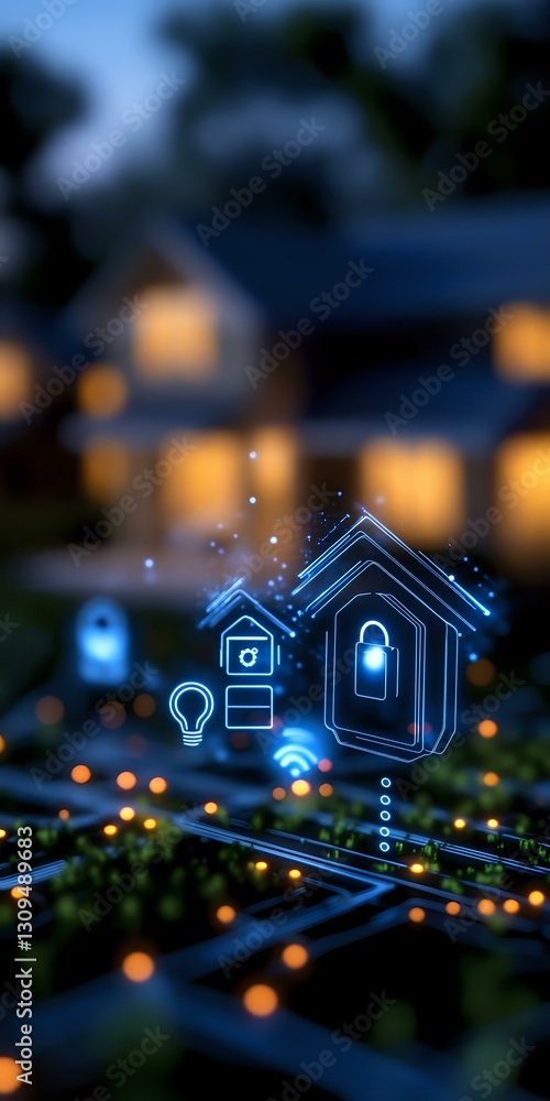 Aufkleber glowing smart home icons float above suburban house at dusk, with digital network connections and bo